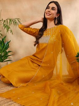Vaamsi - Women Mustard Poly Silk Yoke Design Straight Kurta Trouser with Dupatta (Set of 3)