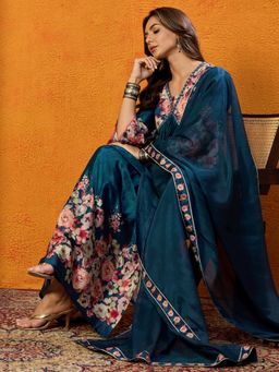 Vaamsi - Women Blue Silk Blend Floral A-Line Kurta Pant With Dupatta (Set of 3)