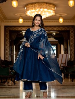 Vaamsi - Women Blue Silk Blend Embroidered Anarkali Kurta Palazzo With Dupatta (Set of 3)