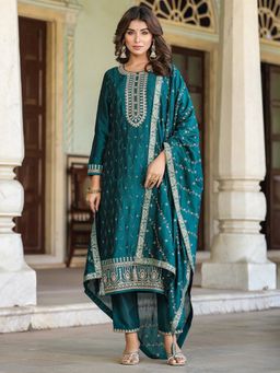Vaamsi - Women Green Silk Blend Ethnic Motifs Embroidered Kurta Pant with Dupatta (Set of 3)