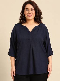 THE PINK MOON - Solid Navy Blue Pleated V-Neck Top