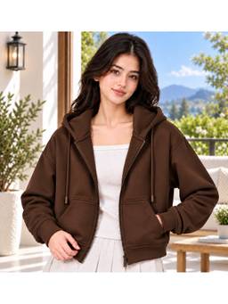 ADBUCKS - Womens Brown Crop Zip-Up, Ultra-Soft Fabric Jacket