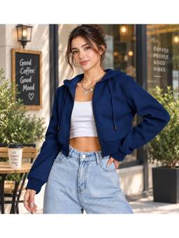 ADBUCKS - Women Blue Cropped Hooded Sweatshirt Jacket