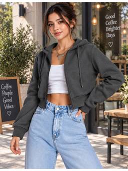 ADBUCKS - Women Dark Grey Cropped Hooded Sweatshirt Jacket