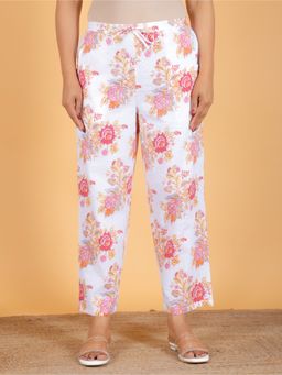 ARAMYA - White and Pink Cotton Floral Printed Pants for Women