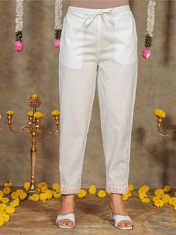 ARAMYA - Off-White Linen Cotton Solid Pants for Women
