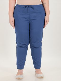 ARAMYA - Blue Soft Cotton Solid Pants for Women