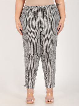 ARAMYA - White and Black Cotton Striped Pants for Women
