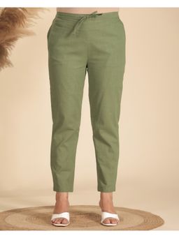 ARAMYA - Green Cotton Solid Pants for Women
