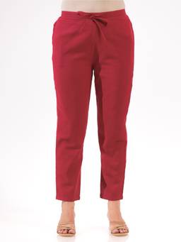ARAMYA - Maroon Natural Cotton Solid Pants for Women