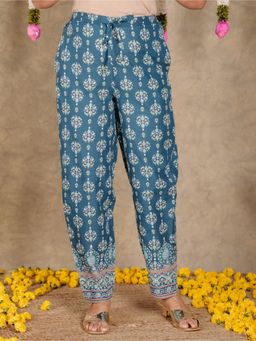 ARAMYA - Blue Soft Cotton Printed Pants for Women
