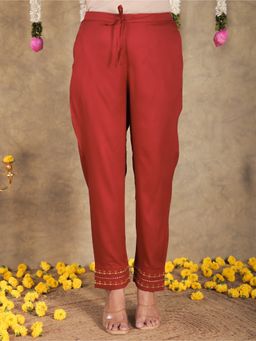 ARAMYA - Maroon Viscose Solid Pants for Women