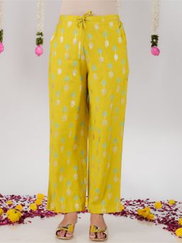 ARAMYA - Yellow Romen Silk Geometric Printed Pants for Women