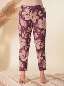 ARAMYA - Purple Linen Cotton Floral Pants for Women