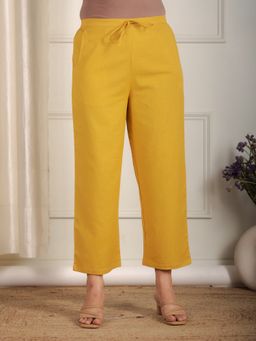 ARAMYA - Yellow Linen Cotton Solid Pants for Women