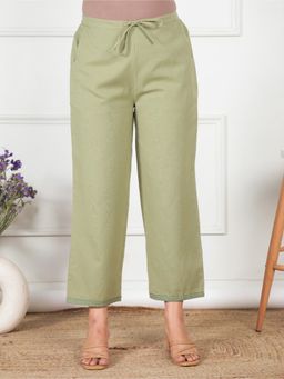 ARAMYA - Green Linen Cotton Solid Pants for Women