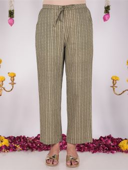 ARAMYA - Green and White Cotton Printed Pants for Women