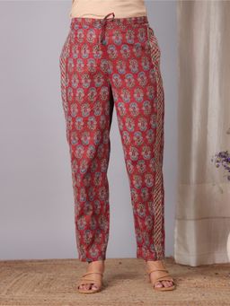 ARAMYA - Maroon Kantha Cotton Ethnic Printed Pants for Women