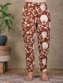 ARAMYA - Brown and Beige Cotton Floral Printed Pants for Women