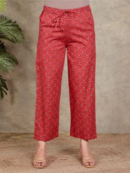 ARAMYA - Red Soft Cotton Floral Pants for Women
