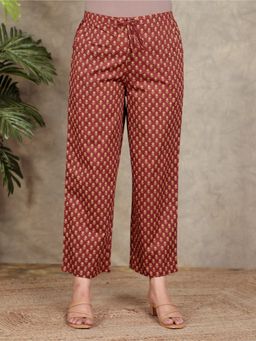 ARAMYA - Maroon Cotton Geometric Pants for Women