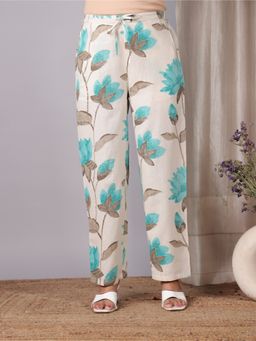 ARAMYA - Off White and Blue Linen Cotton Floral Printed Pants for Women