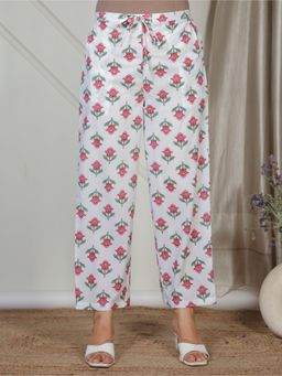ARAMYA - White and Pink Soft Cotton Floral Printed Pants for Women