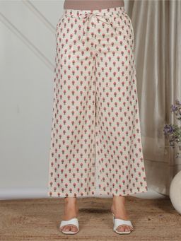 ARAMYA - Beige Soft Cotton Floral Printed Palazzo for Women