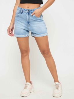 Madame - Rolled Hem Light Blue Cotton Blend Denim Shorts
