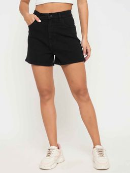 Madame - Cotton Blend Solid Black Denim Shorts