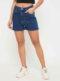 Madame - Cotton Blend Solid Mid Blue Denim Shorts