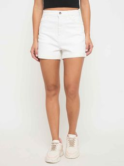 Madame - Cotton Blend Solid White Denim Shorts