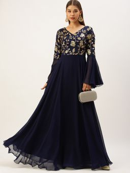 Ethnovog - Ready To Wear Blue Bell Sleeves Embroidered Gown