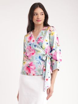 FableStreet - Floral Wrap Top Blue
