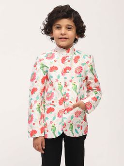 Spunkies - White Elegant Floral Print Kids Ethnic Jacket