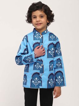 Spunkies - Blue Elegant Floral Print Kids Ethnic Jacket with Mandarin Collar