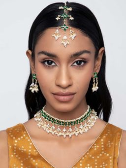 Indya - Gold Green Minakari Multi Pearl Maangtika Earring and Necklace (Set of 3)