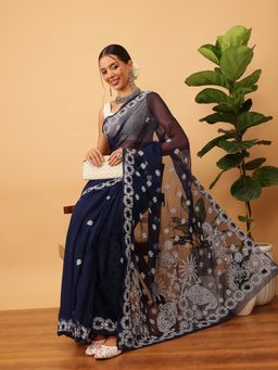 ADA - Hand Embroidered Navy Blue Georgette Lucknowi Chikankari Saree with Unstitched Blouse