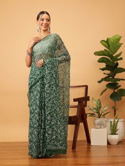 ADA - Tepchi Work Hand Embroidered Bottle Green Lucknowi Chikankari Saree with Unstitched Blouse