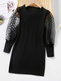 Hopscotch - Girls Black Solid Full-Sleeve Casual Dress