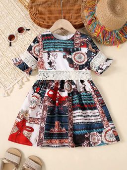 Hopscotch - Girls Multi Coloured All-Over Print A-Line Casual Dress