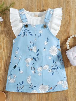 Hopscotch - Girls Blue Floral Print T-Shirt and Overall Pinafore Set