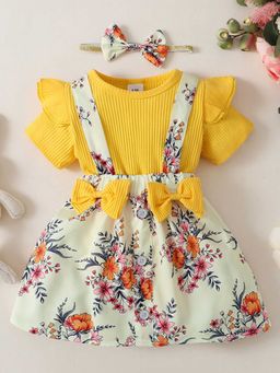 Hopscotch - Girls Multi Coloured Floral Print Onesie and Skirt Set with Headband