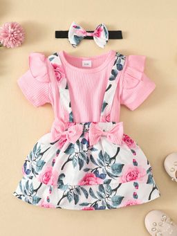 Hopscotch - Girls Multi Coloured Floral Print Onesie and Skirt Set with Headband