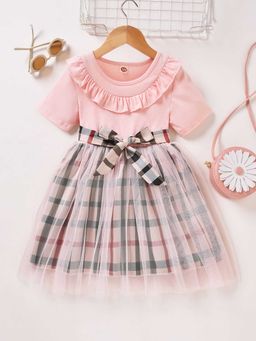 Hopscotch - Girls Peach Checkered Casual Dress
