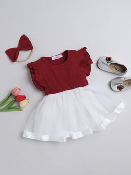 Hopscotch - Girls Maroon Solid Casual Dress with Headband