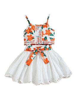 Hopscotch - Girls White Floral Print Slim Fit Blouse and Skirt Set