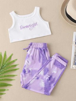 Hopscotch - Girls Purple Text Print Top and Joggers Set