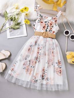 Hopscotch - Girls White Floral Print Sleeveless Casual Dress