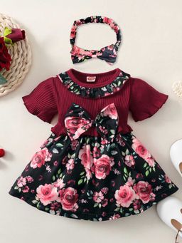Hopscotch - Girls Maroon Floral Print Casual Dress with Headband
